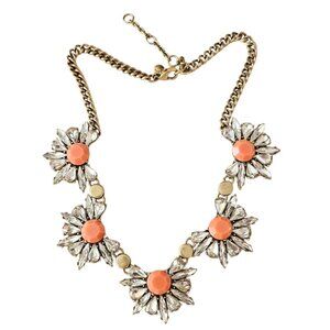 J. Crew Clear Glass Rhinestone Coral Lucite Flower Gold Tone Chain Necklace 20"L